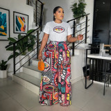 EVE O Neck Short Sleeve Tops Print Loose Pants Suit CYA-901748