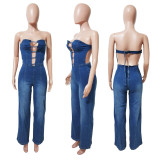 EVE Wrap Chest Backless Hollow Out Denim Jumpsuit LX-6997
