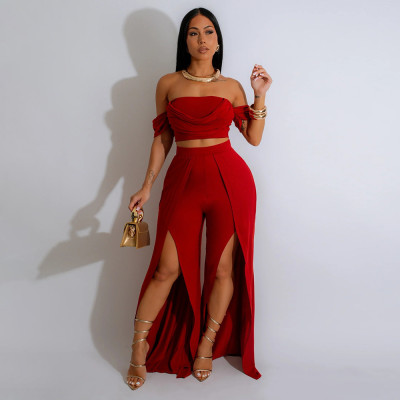 EVE Solid Color Pleated Tube Top Split Pants Suit CYA-901391