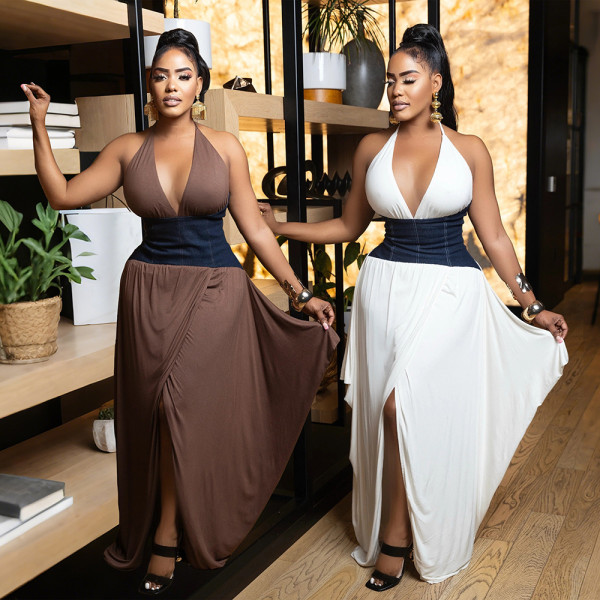 EVE Irregular V Neck Patchwork Split Maxi Dress CYA-901843