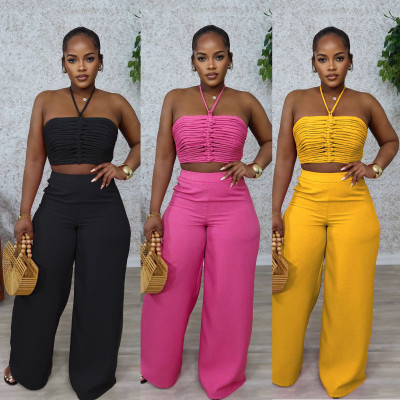 EVE Solid Color Halterneck Darwstring Two Piece Pants Set GTYZ-7567