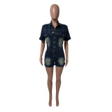 EVE Short Sleeve Lapel Denim Romper LX-6059