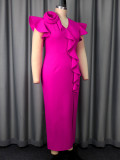 EVE Plus Size Ruffles V Neck Split Midi Dress GKEN-041222