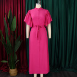 EVE Plus Size Flared Sleeve Single Breasted Belt Loose Long Dress GMLF-3270