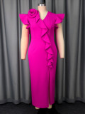 EVE Plus Size Ruffles V Neck Split Midi Dress GKEN-041222