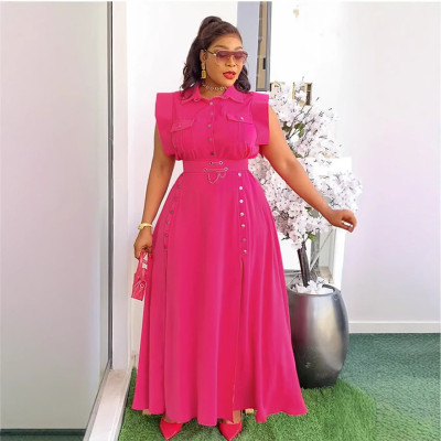 EVE Plus Size Solid Color Lapel Sleeveless Split Maxi Dress  NY-3616
