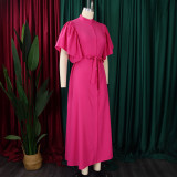 EVE Plus Size Flared Sleeve Single Breasted Belt Loose Long Dress GMLF-3270