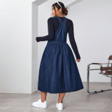EVE Plus Size Solid Color Denim Sling Long Dress GDAM-218637