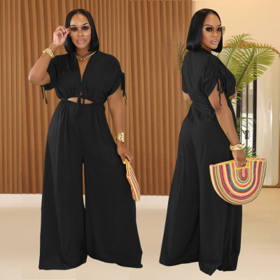 EVE Solid Color V Neck Tie Up Wide Leg Jumpsuit BY-7388