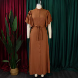 EVE Plus Size Flared Sleeve Single Breasted Belt Loose Long Dress GMLF-3270