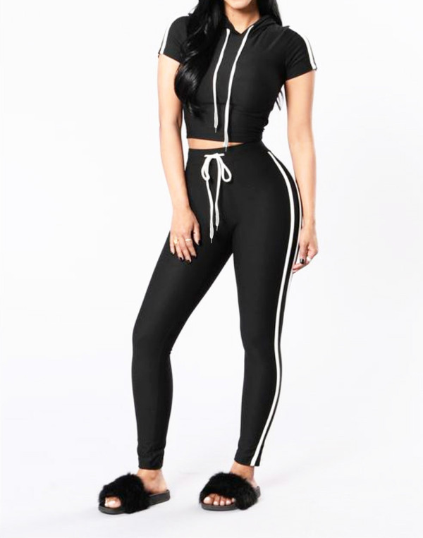 EVE Short Sleeve Stripe Sport Two Piece Pants Suit LS-0416