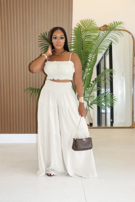 EVE Solid Color Pleated TanK Top Wide Leg Pants Suit XHXF-8720
