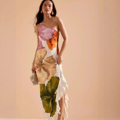 EVE Single Shoulder Ruffles Patchwork Print Maxi Dress GWDS-250401
