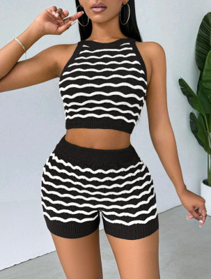 EVE Casual Stripe Sleeveless Sweater Short Suit QXTF-83037