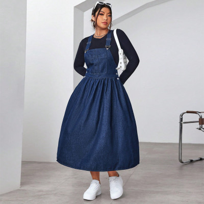 EVE Plus Size Solid Color Denim Sling Long Dress GDAM-218637