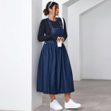 EVE Plus Size Solid Color Denim Sling Long Dress GDAM-218637