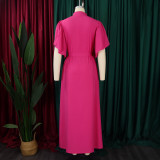 EVE Plus Size Flared Sleeve Single Breasted Belt Loose Long Dress GMLF-3270