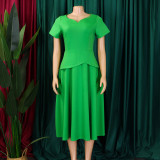 EVE Plus Size Solid Color V Neck Midi Dress GMLF-3330