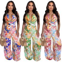 EVE Sleeveless Tie Up Wide Leg Print Jumpsuit YF-20151