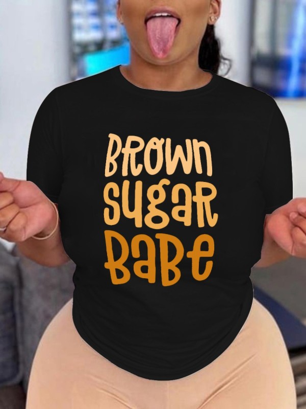 EVE Plus Size Letter Print O Neck T Shirt GQF-10043