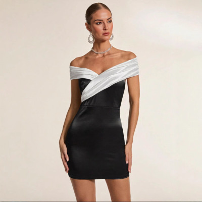 EVE Black White Color Block Off Shoulder Mini Dress GYSD-83564