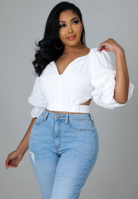 EVE Solid Color Flare Sleeve Loose Shirt XHXF-929