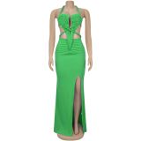 EVE Knit Halterneck Backless Solid Color Maxi Dress BY-7407