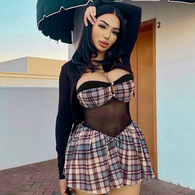 EVE Plaid Print One Shoulder Mesh Patchwork MIni Dress GSZM-Q25DS181