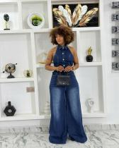 EVE Halterneck Single-breasted Backless Denim Jumpsuit GMYT-13390