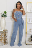 EVE Washed Wrap Chest  Loose Denim Jumpsuit LX-6996