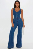 EVE Sleeveless Single-breasted Denim Flare Jumpsuit LX-6062
