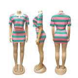 EVE Stripe Contrast Color Shor Sleeve Tops Short Set SFY-683-1