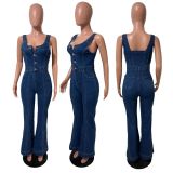 EVE Sleeveless Single-breasted Denim Flare Jumpsuit LX-6062