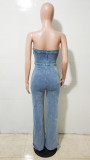 EVE Washed Wrap Chest  Loose Denim Jumpsuit LX-6996