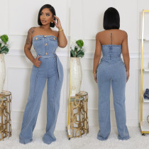 EVE Washed Wrap Chest  Loose Denim Jumpsuit LX-6996