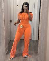 EVE Short Sleeve Tassel Solid Color Two Piece Pants Set OY-6509