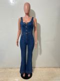 EVE Sleeveless Single-breasted Denim Flare Jumpsuit LX-6062