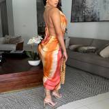 EVE Tie Dye Print Backless Silk Satin Midi Dress YF-20157
