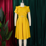 EVE Short Sleeve Solid Color Ruffles Midi Dress GATE-D583