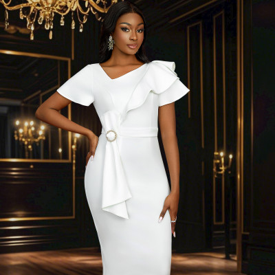 EVE Slash Neck Bow Ruffles Midi Dress GKEN-050218