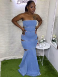 EVE Denim Solid Color Wrap Chest Ruffles Fishtail Dress GAKF-50411
