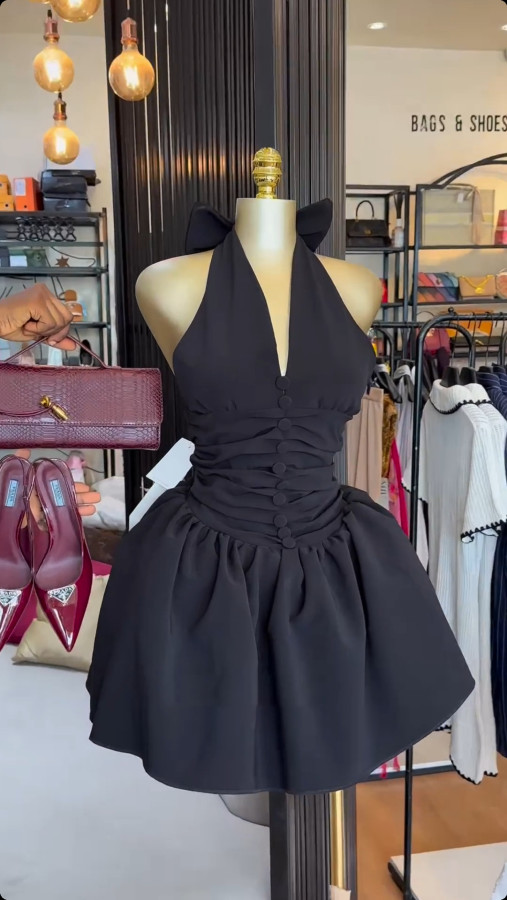 EVE V Neck Halterneck Bow Backless Mini Dress GCNE-9234