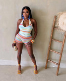 EVE Colorful Stripe Backless Tops Shorts Sweater Suit QXTF-83045