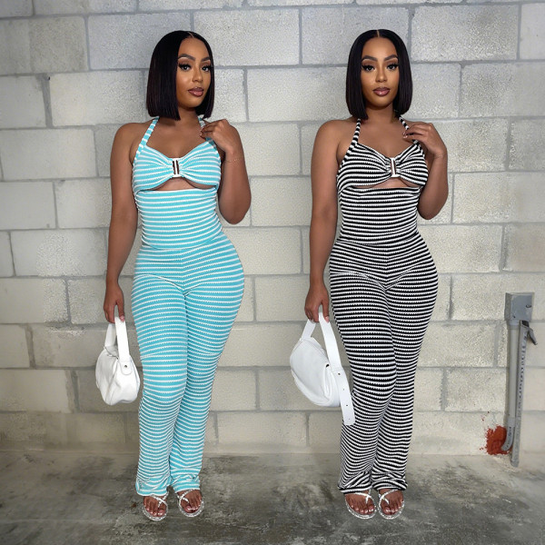 EVE Stripe Halterneck Tie Up Two Piece Pants Set CYA-901870