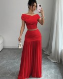 EVE Solid Color One Neck Top Pleated Skirt 2 Piece Set GXIN-S-8832