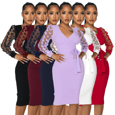 EVE Butterfly Mesh Sleeve Tie Up V-Neck Dress ASL-6798