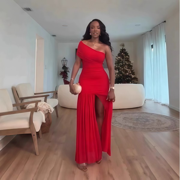 EVE Solid Color Slash Shoulder Split Maxi Dress GXIN-S-8819