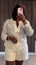 EVE Long Sleeve V Neck Tops Two Piece Short Set GXIN-S-8816