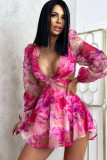 EVE Lantern Sleeve Printed Hollow Out Sexy Romper GXIN-S-8723