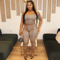 EVE Leopard Print Short Sleeve Slim Two Piece Pants Set MXBF-Q25ST196